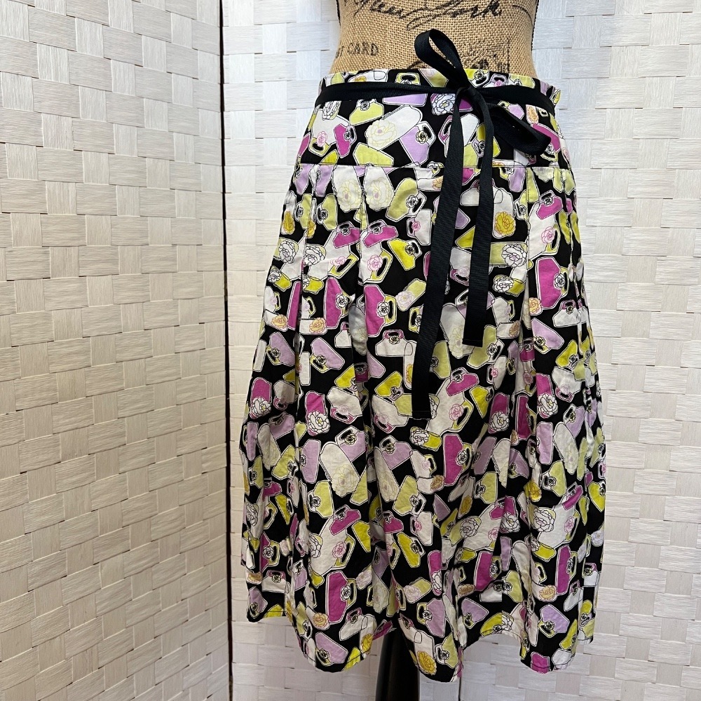 Liz Claiborne Cotton Skirt‎ A-Line Pleated Statement Skirt Black Belted Size 14